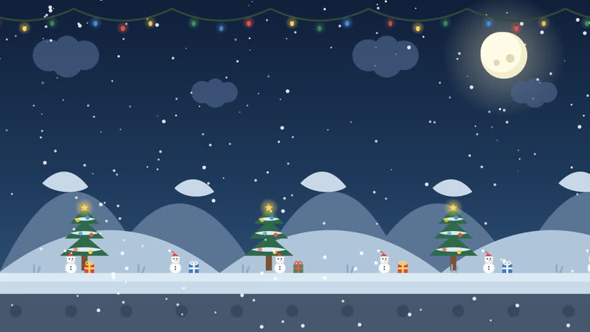 Magical 2D game background featuring a winter Christmas landscape with decorated trees, cute snowman, gift boxes, falling snow, string lights, and a full moon in a flat vector art style