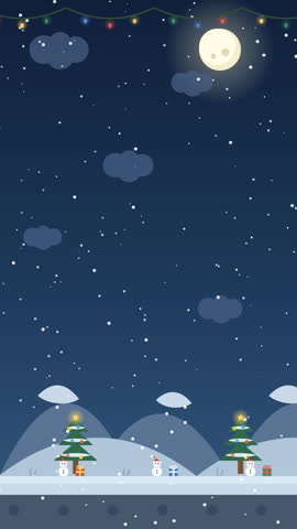 Magical 2D game background featuring a winter Christmas landscape with decorated trees, cute snowman, gift boxes, falling snow, string lights, and a full moon in a flat vector art style