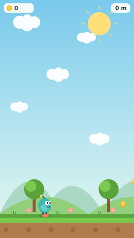 Cute 2D endless runner platformer game screen featuring a blue alien character, gold coins, trees, and traffic cones in a grassy field under a sunny sky