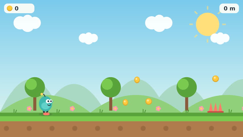Cute 2D endless runner platformer game screen featuring a blue alien character, gold coins, trees, and traffic cones in a grassy field under a sunny sky