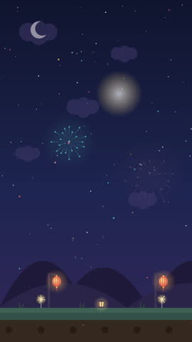Beautiful 2D background featuring a night landscape with colorful fireworks, glowing lanterns, a crescent moon, starry sky, and dark mountains in a flat vector art style