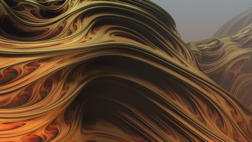 Abstract 3D fractal landscape with golden flowing organic textures