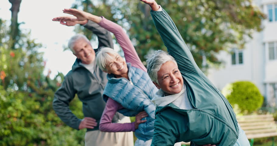 Stretching, happy and elderly people in garden for wellness, exercise and mobility movement for arthritis. Outdoor, morning and senior women and man for strength, health and fitness at nursing home