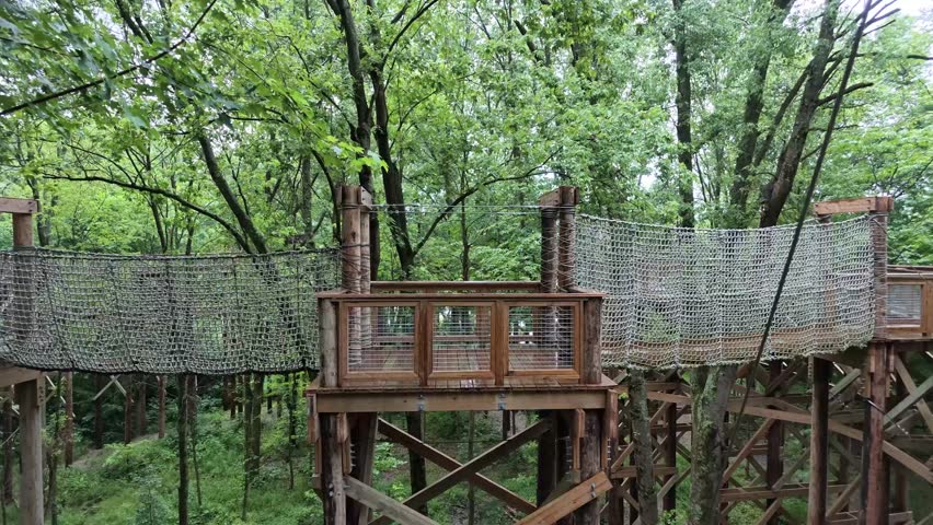 Suspended bridge and canopy walk at a local park during a rain storm.