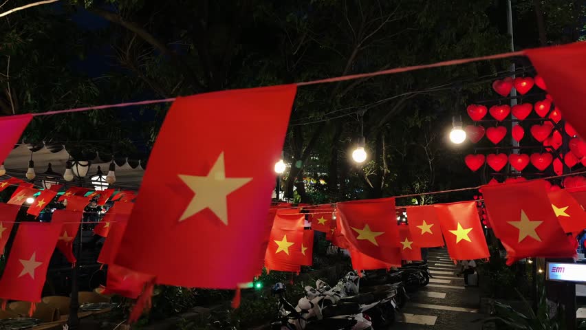 Close up of small Vietnamese Flags above Night alley. Holidays Celebration Scene