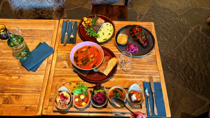 Hand sampling assorted Nordic dishes and soup at rustic wooden restaurant table