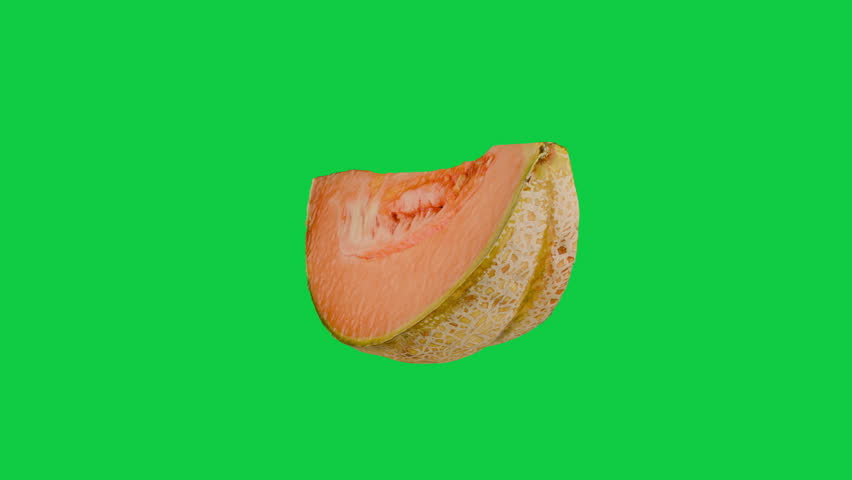 Rotating Sliced Cantaloupe fruit isolate on green screen. fruit food idea concept. 3d animation.