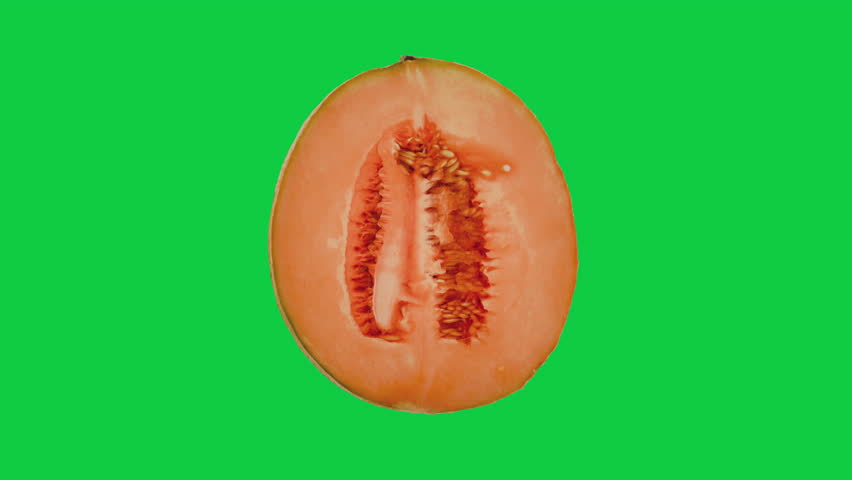 Rotating Sliced Half Cantaloupe fruit isolate on green screen. fruit food idea concept. 3d animation.