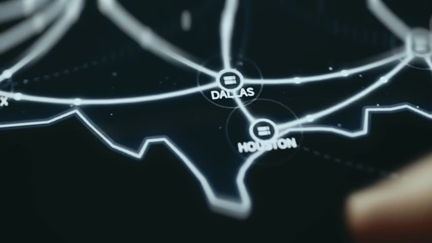 Dallas And Houston Network Hub Nodes On Glowing Backbone Map Close Up