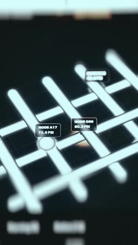 Close-up view of glowing gas pipeline nodes with pressure readings in PSI