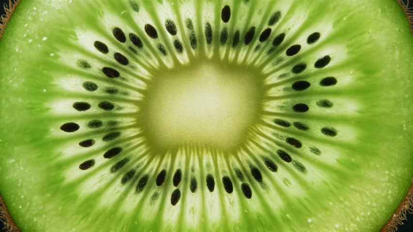 Extreme macro shot of a fresh kiwi slice. The vibrant green fruit is backlit, revealing the detailed texture of the pulp and the pattern of black seeds. Healthy food concept.