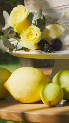 Vertical video: Panning camera showcasing tiered cake on pedestal in garden with lemon wedge, roses. Stilllife, outdoor, citrus, fruit, floral, lifestyle, vertical video