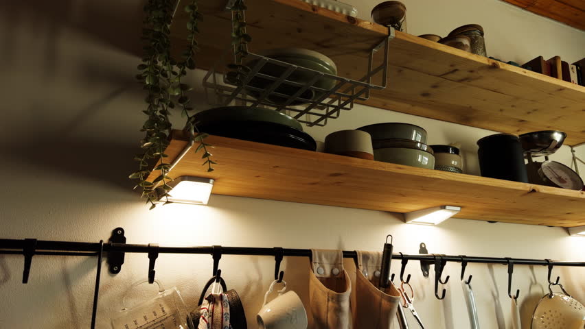 Warm rustic kitchen interior with wooden shelves, ceramic bowls, hanging utensils, under-cabinet lights, storage hooks, and a trailing houseplant.