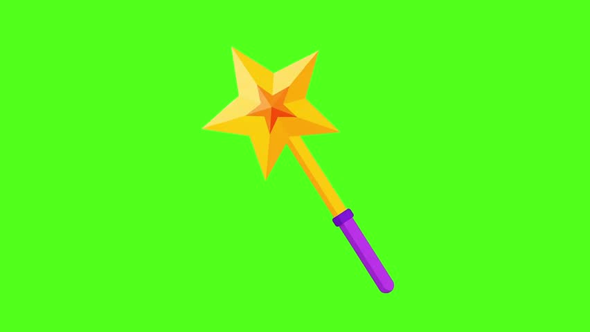 Animated cartoon graphic of a magic wand topped with a golden star and a purple handle, flat vector fairy tale loopable element isolated on a green screen chroma key background.
