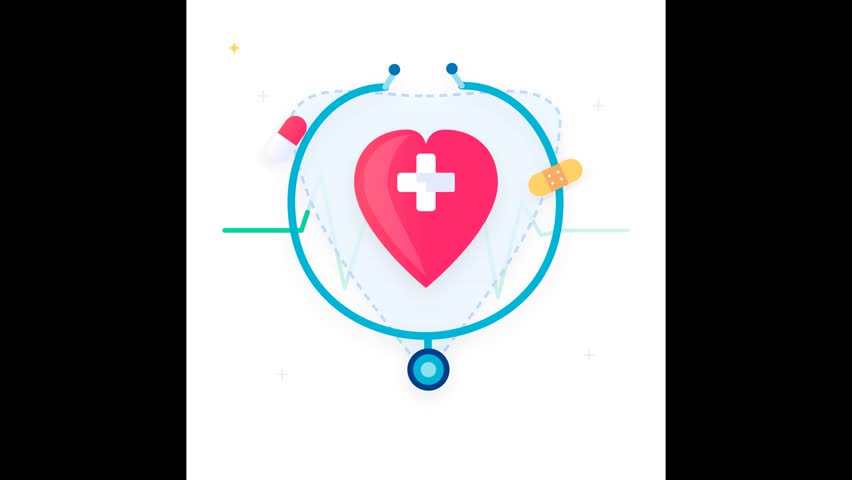 Medical conceptual vector illustration of a stethoscope forming a protective circular frame around a red heart with a cross emblem. The clean flat design features a dynamic ECG heartbeat pulse line, a medicine capsule pill, a plaster bandage, and cross highlights, symbolizing healthcare insurance, emergency services, cardiology wellness, and patient safety. This professional minimal artwork perfectly visualizes clinical checkups, medical diagnostics, hospital care, and strong vitality. Ideal visual asset for medical clinic websites, insurance app banners, healthcare promotions, wellness brochures, and cardiology infographic posters. High-quality graphic.
