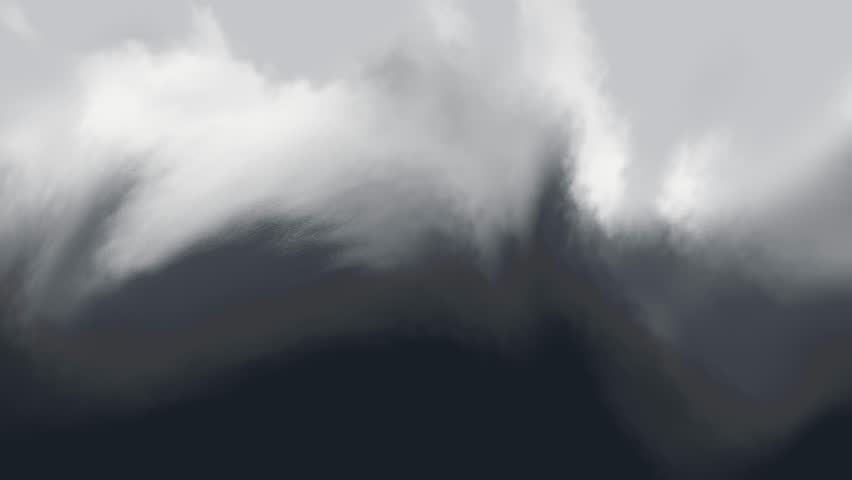 A dramatic outdoor scene showing dark hills under turbulent cloudy skies with strong wind and muted light creating a moody atmosphere