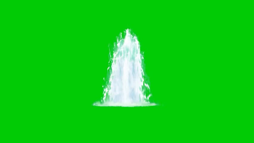 Realistic water fountain spraying and splashing water on a green screen background. Animated clear water jet stream flowing upward, isolated chroma key loop for video vfx editing.