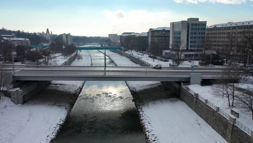 Ostravice River in Ostrava city, Czech Republic, 4k video