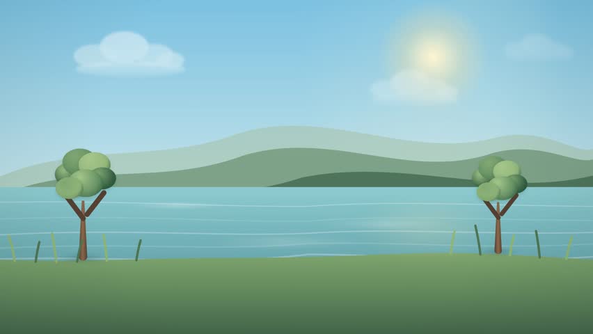 Calm animated landscape featuring two trees beside a tranquil lake, with a bright sun and clouds in a blue sky.