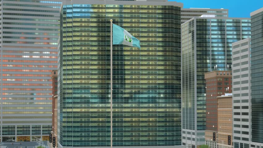 Guatemala Flag on Pole, Modern Business District Buildings - Daytime View