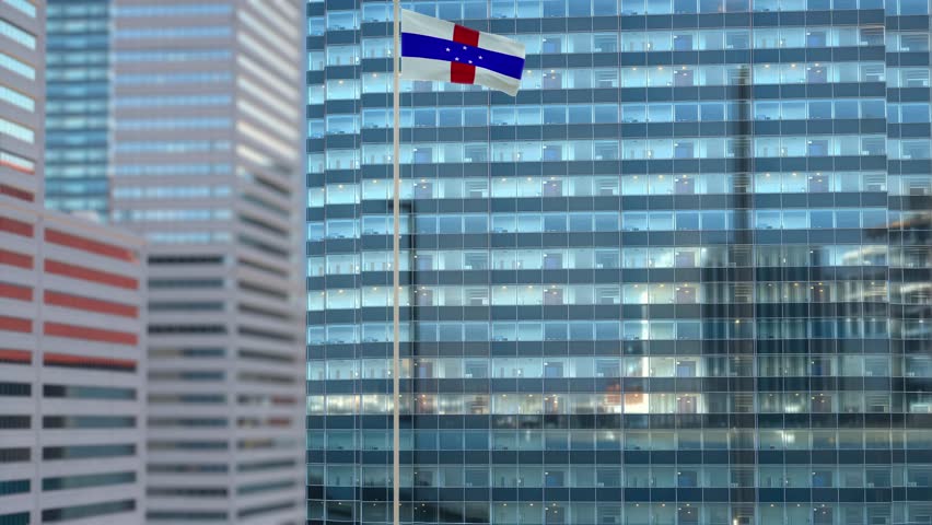 Netherlands Antilles Flag Waving Against Glass Office Building - Daylight Scene