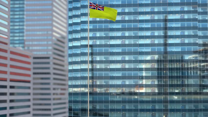 Niue Flag Waving Against Glass Office Building - Daylight Scene