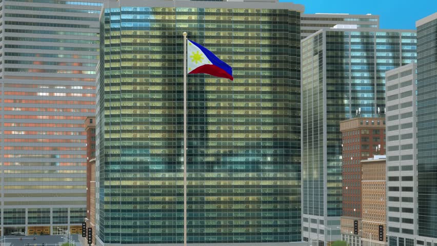 Philippines Flag on Pole, Modern Business District Buildings - Daytime View