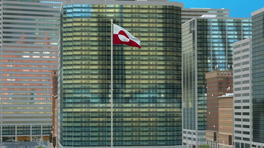 Greenland Flag on Pole, Modern Business District Buildings - Daytime View