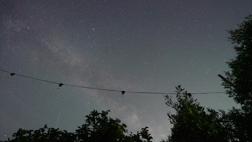 Captivating astrophotography timelapse of the Milky Way galaxy moving across the starry night sky, framed by dark tree silhouettes and ambient string lights.