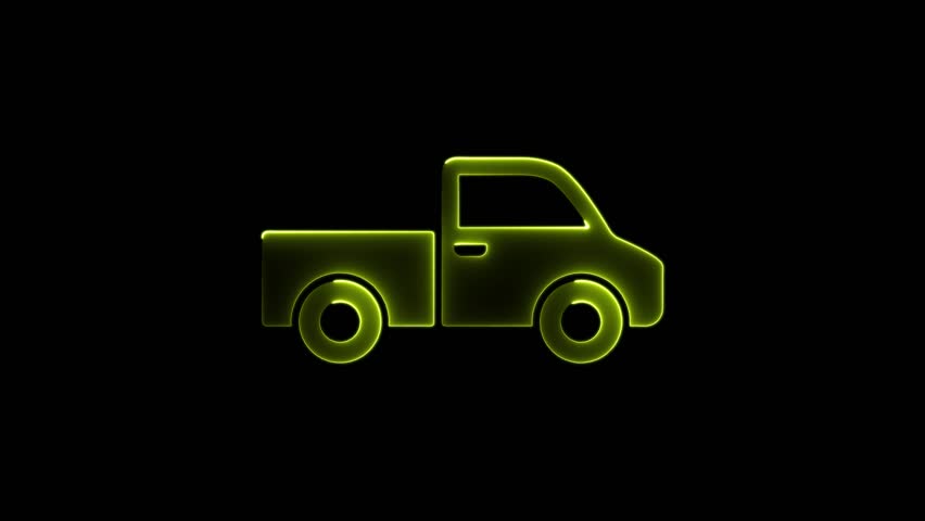 Neon yellow pickup truck icon. Glowing outline of a utility vehicle on black background.