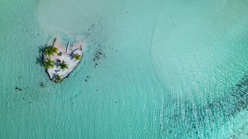 Tahaa island , french polinesia aerial top down view of a small heart shaped tropical island with palm trees and a canoe