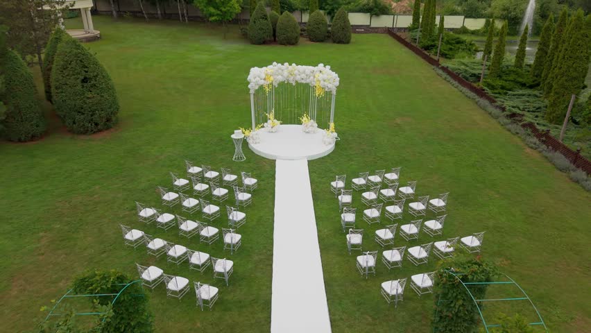 Outdoor wedding ceremony venue decoration aerial view