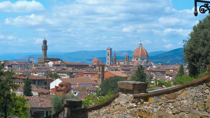 Florence skyline showing duomo and palazzo vecchio from bardini garden. Beautiful panoramic view of florence city center with its iconic landmarks, including brunelleschi