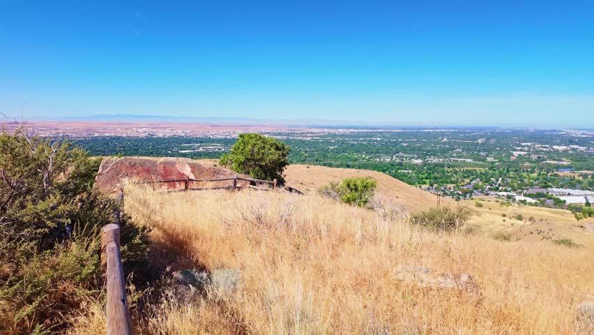 Scenic aerial view of downtown Boise skyline seen from the Table Rock sandstone bluff in Idaho