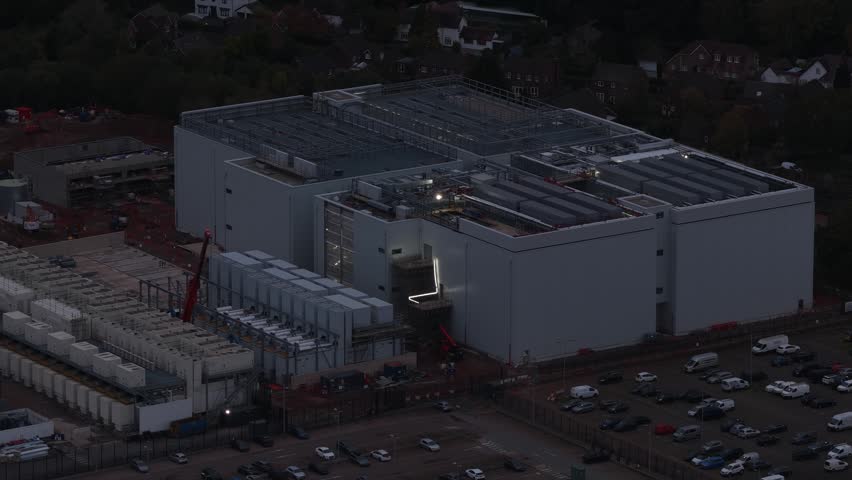 An aerial view of a large modern datacenter building with cooling units and surrounding parking area in Cardiff, Wales