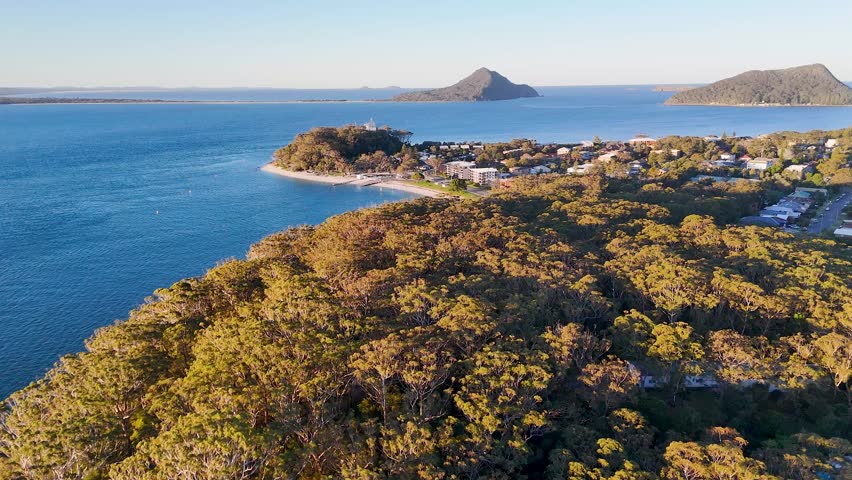 Drone shot over green forest canopy toward Nelson Bay coastline and blue ocean, Australia.