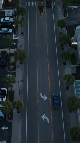 Vertical screen. Aerial view of cars driving on a palm-lined street in Myrtle Beach, South Carolina, showcasing urban traffic and road markings