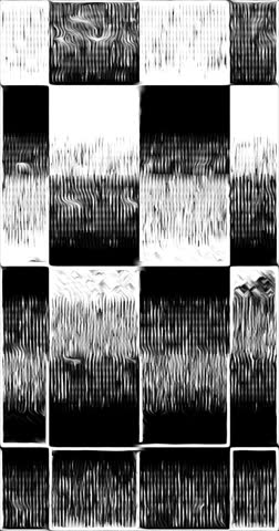 Vertical 2k vibrant abstract animation featuring bold geometric patchwork of white, black and gray tones arranged in striped squares pattern. High-contrast color blocking creates dynamic, energetic aesthetic perfect for modern design, gaming, fashion, contemporary branding, and creative projects. The organized grid structure balances visual interest with clean geometry.