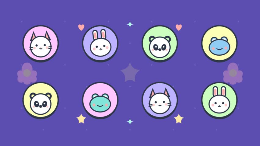 A collection of adorable animal avatar icons featuring a panda, cat, rabbit, and frog, presented in a charming, minimalist style on a vibrant purple background.