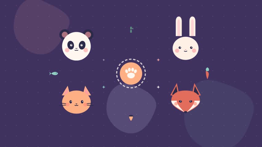 This video features an animation of cute animal faces, including a panda, rabbit, cat, and fox, set against a vibrant purple background with various floating shapes and particles.
