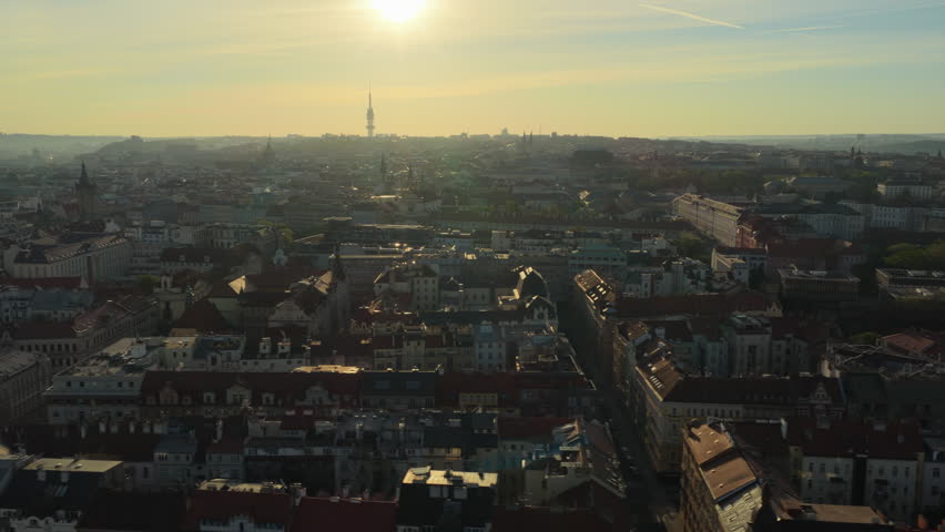 High-altitude aerial view over Prague