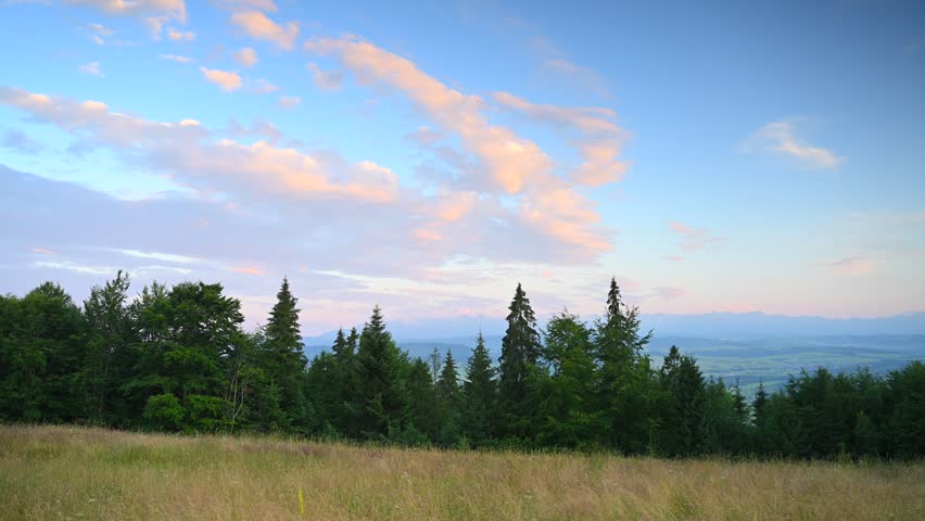 Poland, Gorce Mountains, sunset sky, meadow on a hill, trees