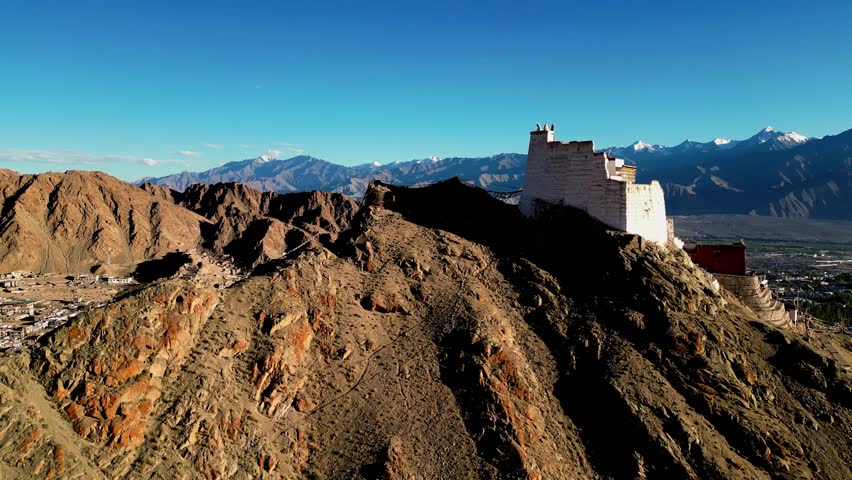 Aerial view of Leh Palace perched on a rocky mountain ridge with snow-capped Himalayan peaks in the background under a clear blue sky in Leh, Ladakh, India.