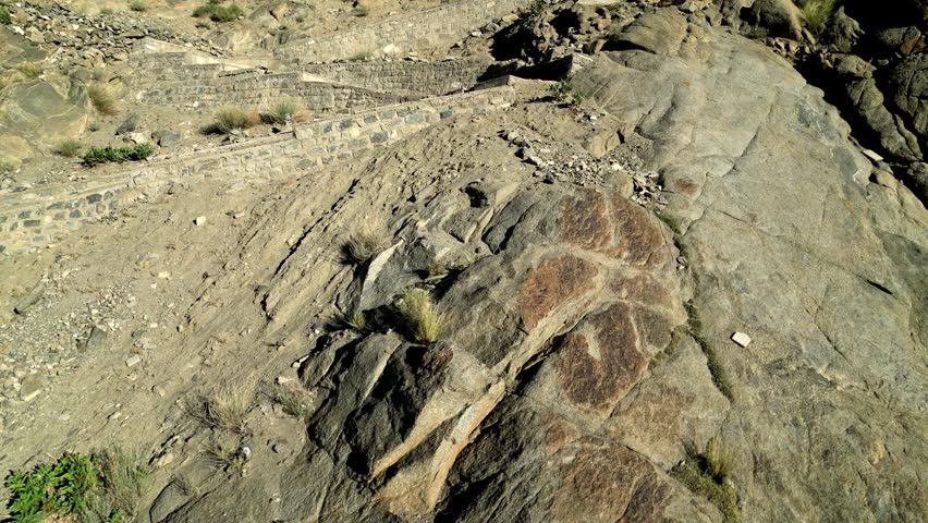 Aerial view of rugged rocky mountain slopes and arid landscape in Leh, Ladakh, INDIA.