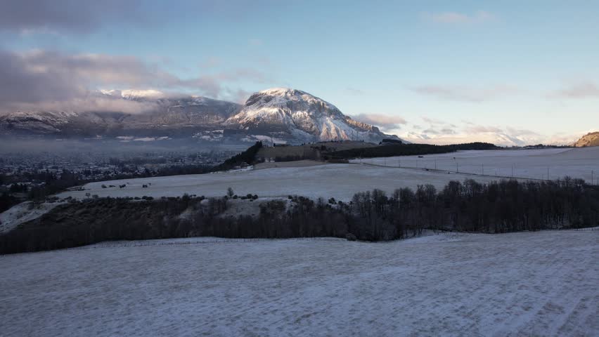 Aerial view of snowy landscape with mountains in Patagonia, Coyhaique, Aysen, Chile.