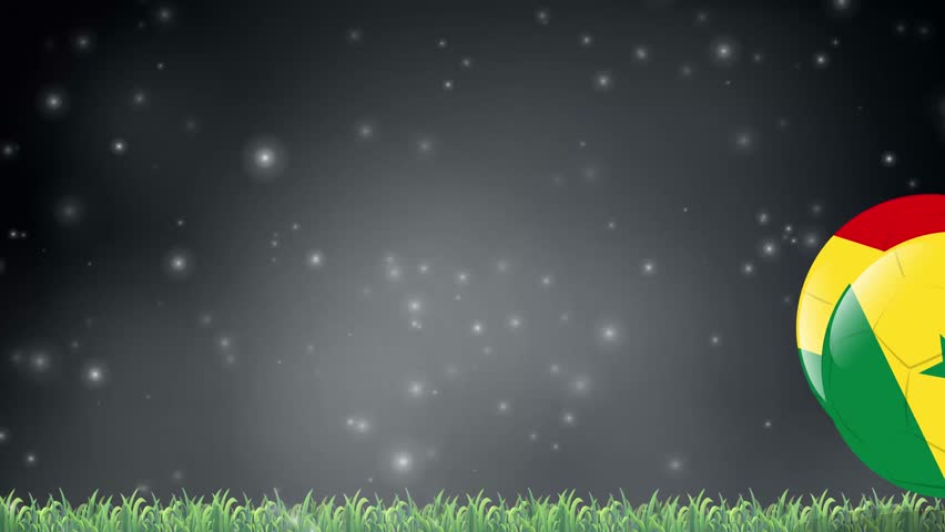 Senegal flag soccer balls bounce across green grass under a dark starry night sky.
