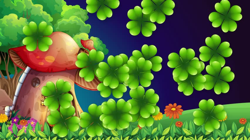 Green four-leaf clovers fall across a whimsical mushroom house in a vibrant cartoon forest setting.