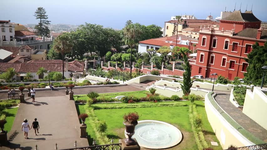 Panoramic view of historic rooftops and church towers in La Orotava, Tenerife, Canary Islands, Spain