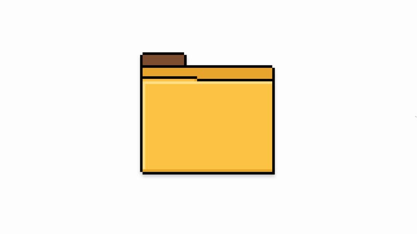 Pixel art yellow file folder animation on white background. A minimalist yellow pixel art folder icon displayed on a clean white background. Represents digital organization and data storage. Perfect for user interface design and software tutorials.