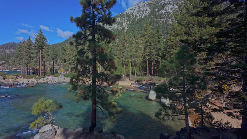 Scenic beach cove at Lake Tahoe in California with clear water and pine forest. Natural lakeshore landscape with mountains and shoreline, ideal for travel and outdoor use